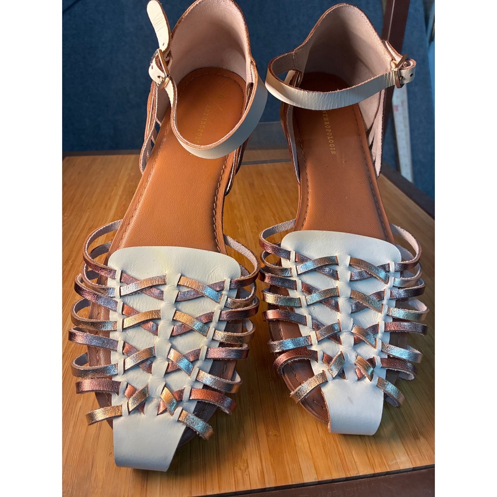 Anthropologie Metallic Woven Leather Huarache Sandals Cream Gold Rose Gold 10M